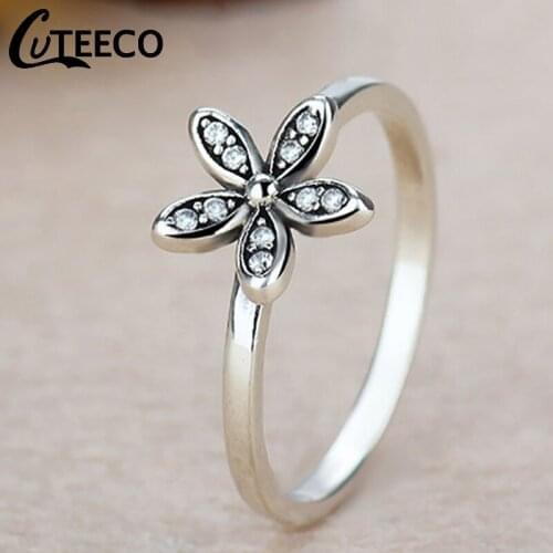 Cuteeco Silver Color Fashion Elegant Original Pan Ring Daisy Flower Finger Ring Clear AAA CZ Wedding Jewelry For Woman
