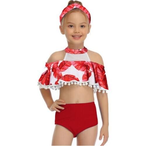 2020 Plants Ruffles Girls Bikini Sets Halter Children Swimsuit High Waist Kids Bathing Swimwear Beach Tassel 2 Pieces Clothes