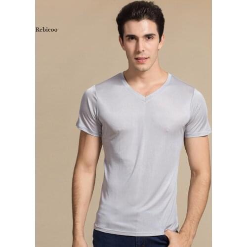 Men Basic t Shirt Natural Silk V Neck Solid Short Sleeve Shirts White Black Grey Spring Summer Top