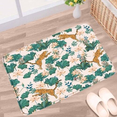 Flowers Bath Mats Leopard Green Leaf Floral Plant Animal Cartoons Pattern Non-slip Rugs Flannel Bathroom Kitchen Entrance Carpet