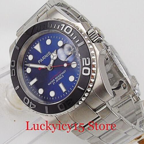 PARNIS Self Winding Automatic Men Watch Blue Dial Black Brushed Insert MIYOTA 8215 Sapphire Crystal Steel Unidirectional Bezel