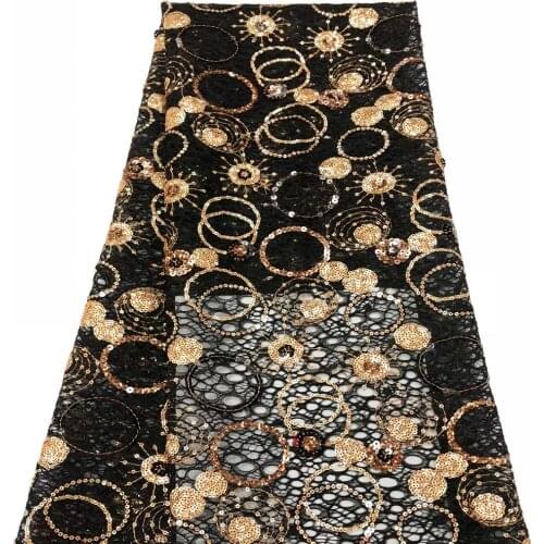 New Arrival 2020 Gold Sequins Black Net Mesh Fabrics Senegal French Prom Noble Lady Sequined Dress Laces Wedding Sewing Material