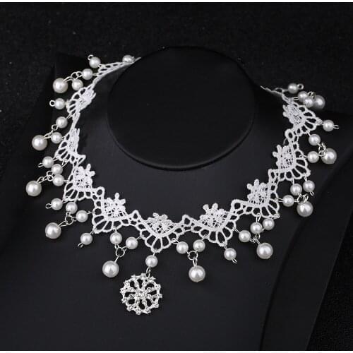 New Fashion Collares Sexy Gothic Chokers Crystal White Pearl Lace Neck Choker Necklace Vintage Women WeddiWedding Choker Jewelry