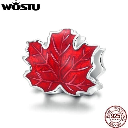 WOSTU Maple Leaves Charm 925 Sterling Silver Red Enamel Bead Pendant Fit Original Bracelet Necklace Autumn Jewel;ry CTC335