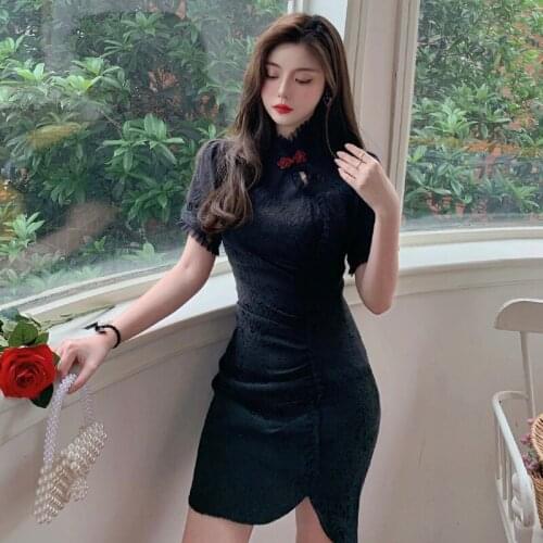 Black Qipao Sexy Cheongsam Bubble Sleeve Summer Big Size Custom Cheongsams Traditional Retro French Button Slim Dress Design