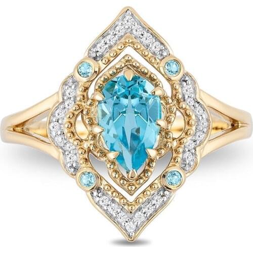 Vintage Aqua Blue Zircon Engagement Ring Luxury Female Water Drop Crystal Ring Antique Gold Color Big Wedding Rings For Women