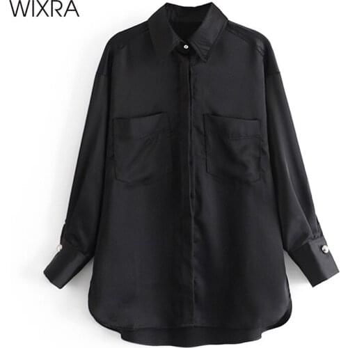 Wixra Womens Satin Elegant Solid Blouses Turn Down Collar Long Sleeve Casual Black OL Style Tops For Ladies