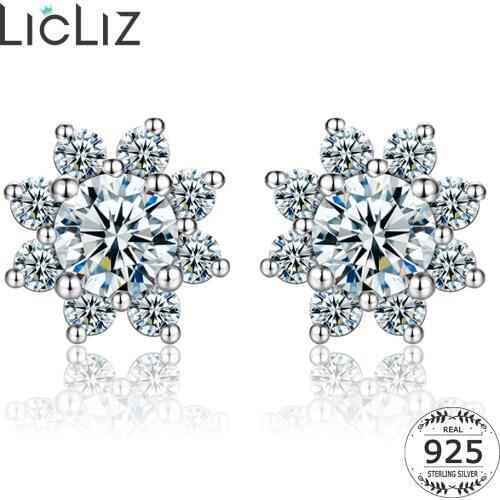 LicLiz 925 Flower Stud Earrings Women Sterling Silver Ear Studs Pierced Prong Cubic Zirconia Halo Solitaire Earrings Post LE0322