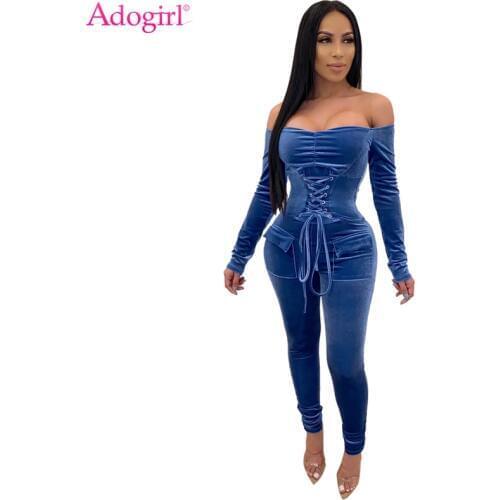 Adogirl Grommet Lace Up Bandage Velvet Jumpsuit Women Sexy Slash Neck Off Shoulder Long Sleeve Pockets Romper Casual Overalls