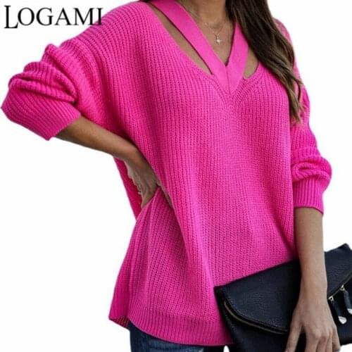 LOGAMI V-neck Womens Pullover Autumn Winter Loose Sweater Women Fall 2021 Jumper