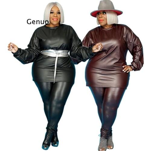 Plus Size 5Xl Outfits Women Crewneck Long Sleeve Top and Pants Sets Leather Streetwear Leggings Tracksuit Womens