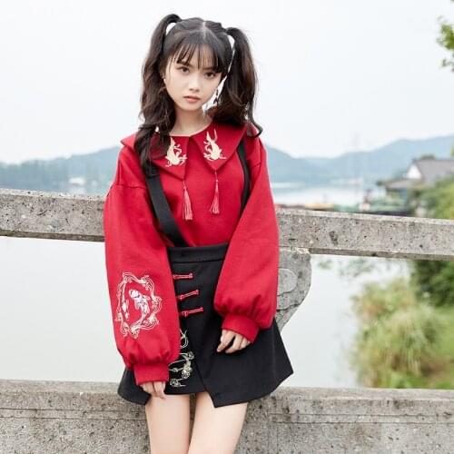 2 Piece Set spring Women Hanfu Turndown Collar Chinese Style Cartoon Embroidery Hoodies Sweatshrt Mini Skirt Sweet Style Clothes