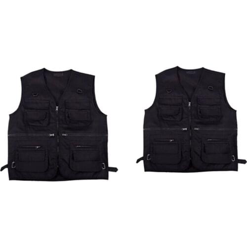 2x Mens Fishing Vest with Multi-Pocket Zip for Photography / Hunting / Travel Outdoor Sport - Black, XXL & XXXL