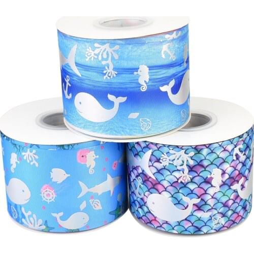 50yards 75mm Silver Foil Whale Cetacean Grosgrain Ribbon Ocean Series For DIY Accessories Welcome Custom printed