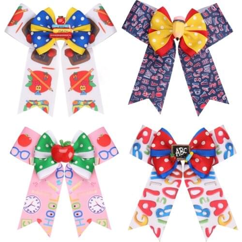 CN Back To School Ribbon Hair Bows Clips Sweet Printing Hairclips Hairpin Barrettes 2021 Fashion Hair Accessories Ornament