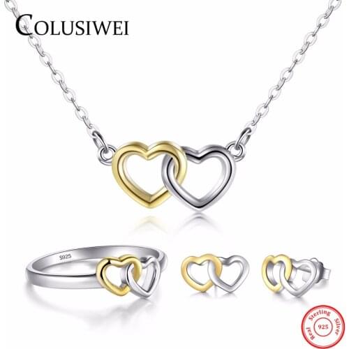 COLUSIWEI New Genuine 100% 925 Solid Silver Ring & Stud Earrings Fashion Double Hearts Gold White Color Engagement Jewelry Set