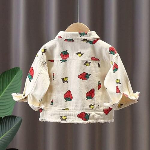Lovery White Denim Jackets Children Strawberry Coats for Girl 2021 Autumn New Kids Jackets Coats Denim Outwear