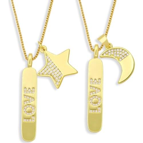 FLOLA Gold Chain CZ Letter LOVE Necklace For Women Charms For Jewelry Moon And Star Necklace Gold Plated Jewelry nkev74