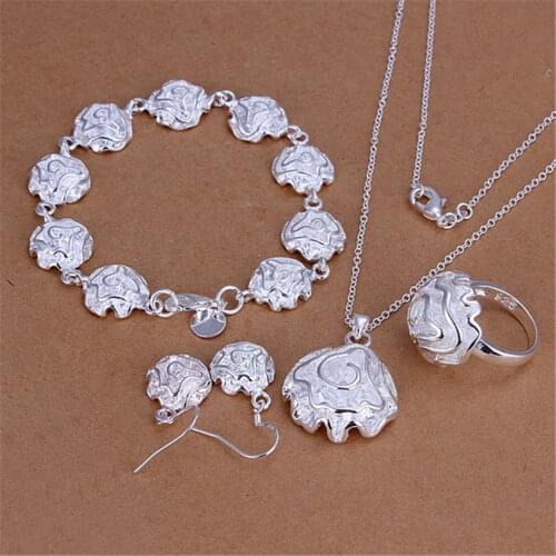 Hot brands 925 sterling Silver fine rose flower Pendant rings Bracelet necklace earring Jewelry set for women fashion Party gift