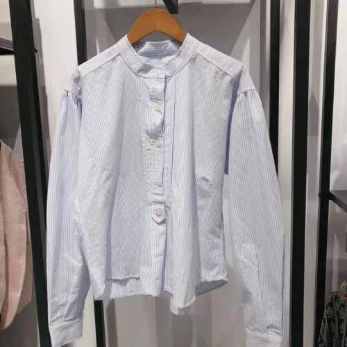 Fashion Blue Striped Cotton Shirt Mandarin Collar Half Buttoned Long Sleeves Fashion Tops Blouse