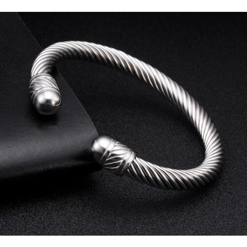 Luxury Braided Charm Open Cuff Men Women Sporty Bangles Silver Jewelry Classic Smooth Stainless Steel Vintage Bracelets