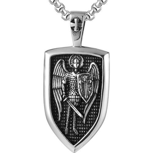 Men Necklace Archangel St.George Protect Me Saint Shield Protection Charm Russian Orhodox Archangel Pendant Necklace