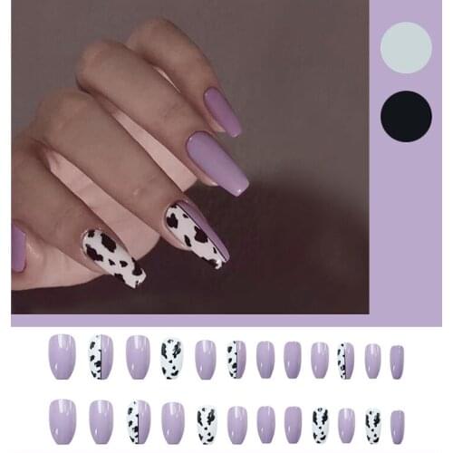 24Pcs/Set Ballet Purple Leopard Print False Nails Long Fashion Removable Manicure Coffin Fake Nails Extension Acrylic With Glue