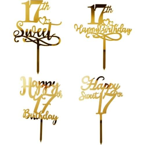 New Happy 17th Birthday Acrylic Cake Toppers Golden Numbers Love Cake Toppers for Kids Birthday Party Cake Decorations Supplies