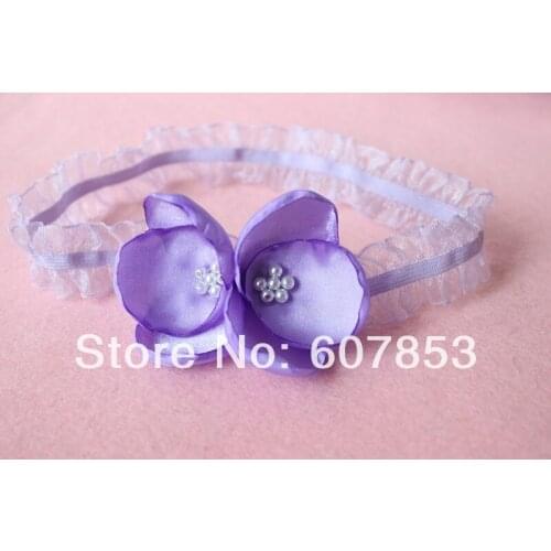 2014 Girl Pearl Burned hair flowers headband ,Satin Fabric Hair flower on Sheer ORGANZA Ruffle elastic headband