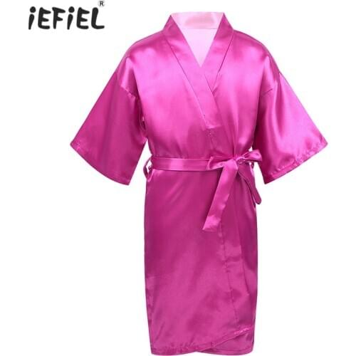 Kids Girls Solid Color Satin Kimono Robe Bathrobe Nightgown Sleepwear for Spa Party Wedding Birthday