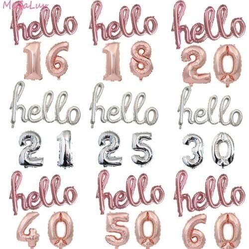 Silver Hello Foil Balloons With 16inch Number Balloon Birthday 16 18 21 30 40 50 Years Old Birthday Party Decorations Air Globos