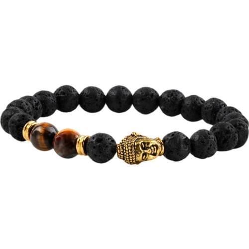 SUNYIK Black Lava Rock Tigers Eye Stone Bracelet,Alloy Buddha Prayer Beaded 8mm