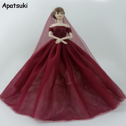 Dark Red Fashion Doll Dress for Barbie Doll Wedding Dresses Outfits Evening Party Gown Long Dress Clothes 1:6 Toys For Children