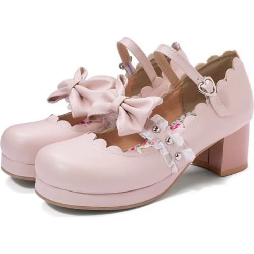 2021 Girls Sweet Kawaii Lolita Ruffles Bowknot Lace High Heel Anime Cosplay Pink Plus Size Shoes 34-43