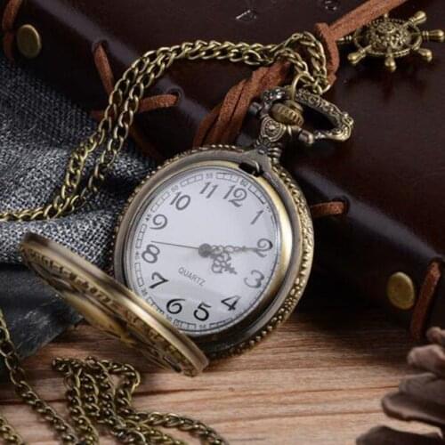 Vintage Bronze Steampunk Quartz Pocket Watch Hollow Carribean Pirate Skull Head Horror with Chain for Men Women Pendant necklace