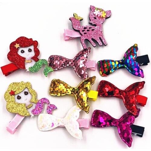 9Pcs Cartoon Mermaid Princess Children Hair Bows Clips Shiny Glitter Cute New Accessories Baby Girls Headwear Hairpins Barrettes