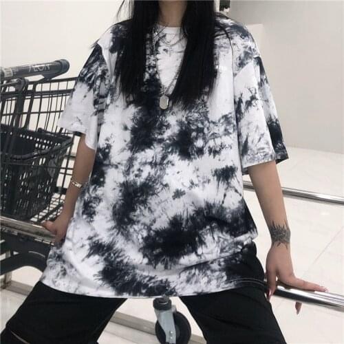 Top Short-sleeved female tshirt tide Harajuku wind retro tiedye letter printing loose trend wild couple female T-shirt clothes