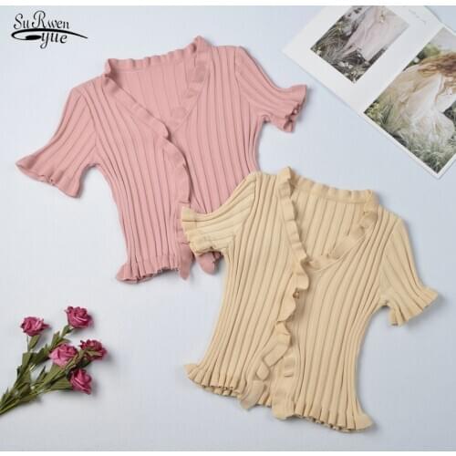 Summer 2021 New V-Neck Short Sleeve Tees Retro Fuguns Knitted Women T-Shirts Korean Single Breasted Ladies Tops Cardigan 10265