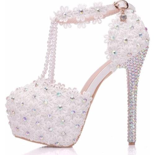 Women sandals wedding Party Lace PU Rhinestones Buckle Strap 14CM Thin High heels Round Toe waterproof women shoes size 35-42