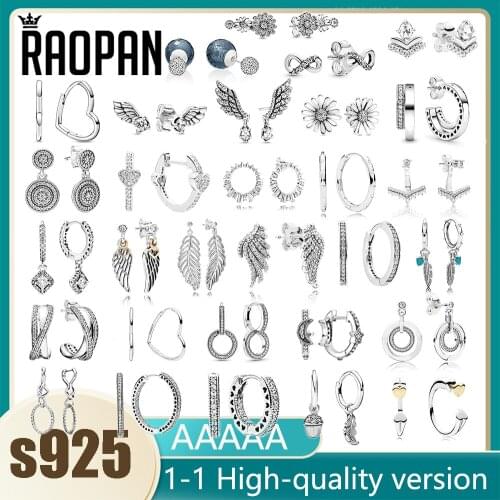 RAOPAN 925 Sterling Silver Hoop Earrings Feather Wings Shining Double Ring Heart Earrings Womens Birthday Jewelry Gift