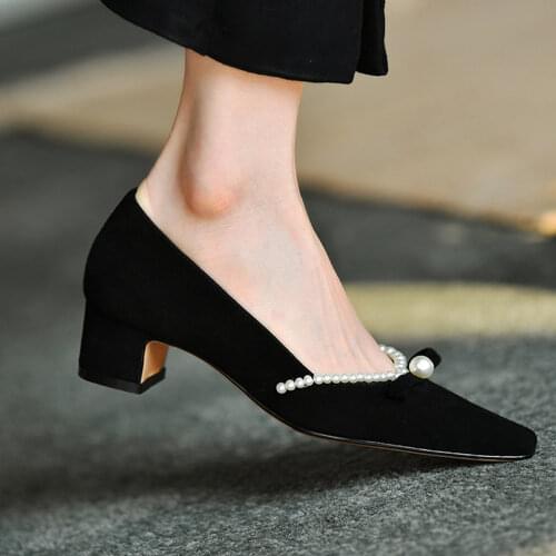 2020 Womens Pointed Toe Suede Leather Pearls Bowtie Kitten Heel Pumps Low Top Shoes New Sweet