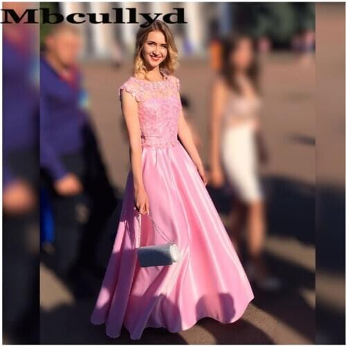 Mbcullyd Sheer Scoop Neck Prom Dresses Long 2020 Applique Lace Pink Evening Party Dress For Women Custom Made robe de soiree