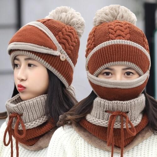 3pcs Winter Kids Beanie Hat Scarf Mouth Mask Set Knitted Beanie Warm Fleece Ski Outdoor Hat Pompom Girl Boy Child Face Keep Warm
