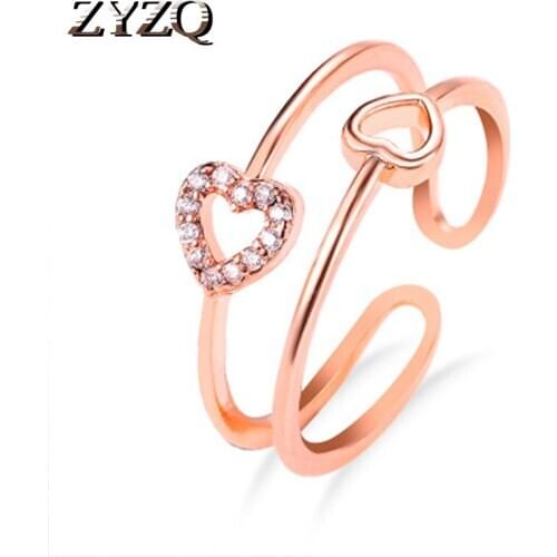 ZYZQ Easy Adjustable Open Rings With Unique Double Heart Shaped Design Micro Paved Engagement Finger Rings Wholesale Lots&Bulk
