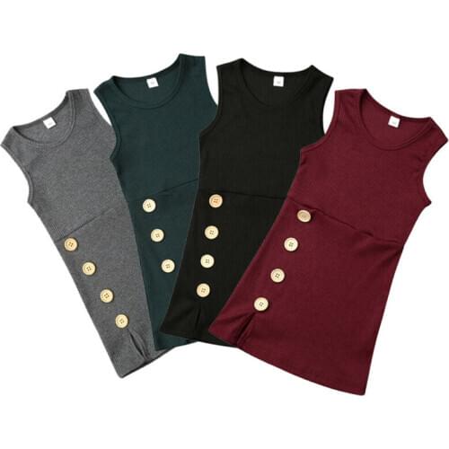 2020 Toddler Kids Baby Girls Soft Knitted Plain Solid Button Casual Skinny Dress Infant Girls Summer Clothes Vestidos 1-4 Years