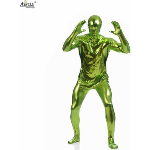 Ainclu Fullbody Grass green Glue Metallic Zentai for Hallween Shiny Spandex Spandex Long Sleeve Male Sexy Jumpsuit