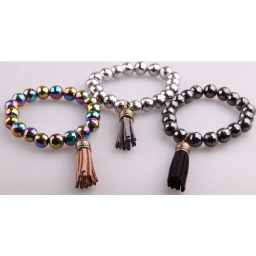 MOODPC Free shipping 10mm Pacet Bead Hematitewith Tassel Stretched Yoga Bracelet