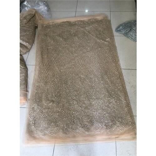 Gold color glued glitter lace fabric YG-203 Tulle lace fabric with glued glitter for wedding or party decoration