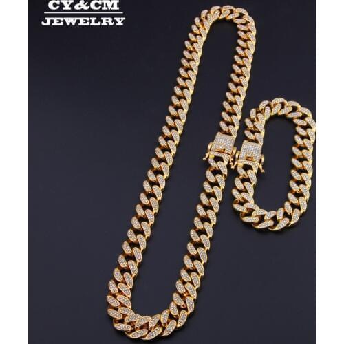 13mm Miami Cuban Link Chain Gold Silver Color Necklace Bracelet Iced Out Crystal Rhinestone Hip Hop for Men Jewelry Necklaces