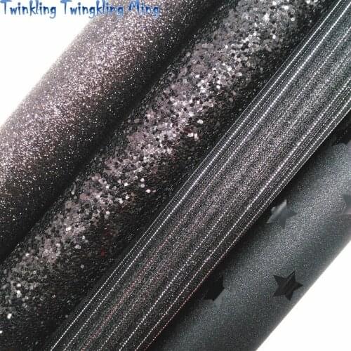Black Glitter Fabric, Iridescent Stars Faux Leather Synthetic Leather Fabric Sheet 21x29CM Twinkling Ming KM488